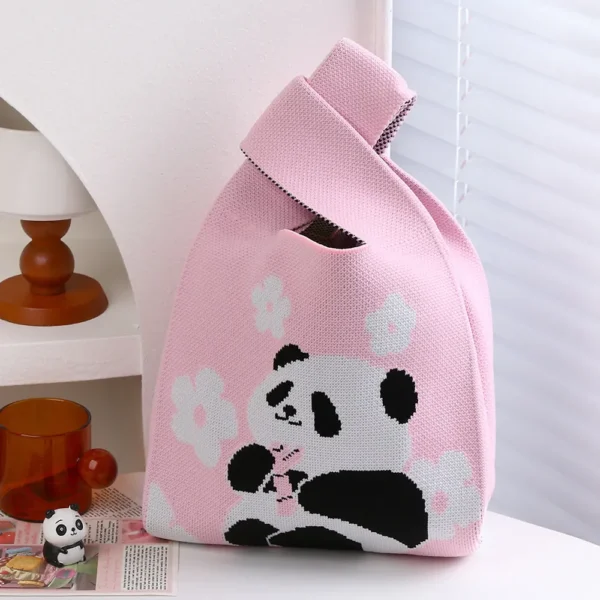Panda Small Woven Tote Bag Pink