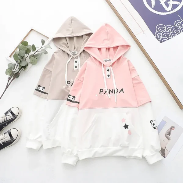 WPCTSS000297-0298-01 Color-Blocked Panda Print Hooded Sweatshirt