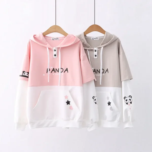 WPCTSS000297-0298-02 Color-Blocked Panda Print Hooded Sweatshirt for Women