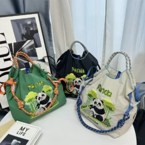 Ethnic Embroidered Panda Shoulder Tote Bag