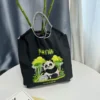 WPBGST000009 Ethnic Embroidered Panda Shoulder Tote Bag Black