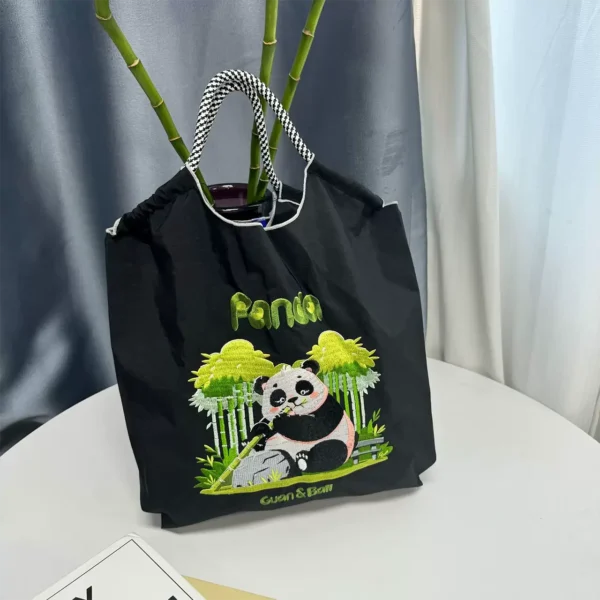WPBGST000009 Ethnic Embroidered Panda Shoulder Tote Bag Black