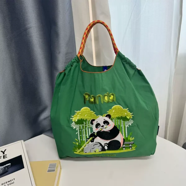 WPBGST000013 Ethnic Embroidered Panda Shoulder Tote Bag Green