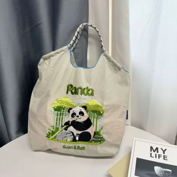 WPBGST000011 Ethnic Embroidered Panda Shoulder Tote Bag Grey