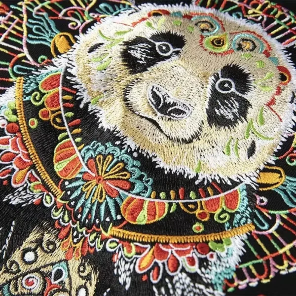 WPCTTS000486-0495-03 Ethnic Style Embroidered Panda Vintage Short-Sleeve T-shirt