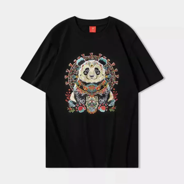 WPCTTS000491 Ethnic Embroidered Panda Vintage T-shirt Black