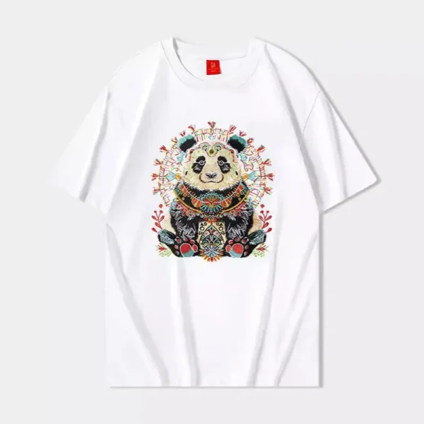 WPCTTS000486 Ethnic Embroidered Panda Vintage T-shirt White