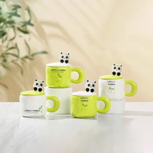 Fresh and Cute Style Panda Ceramic Mug with Lid and Spoon