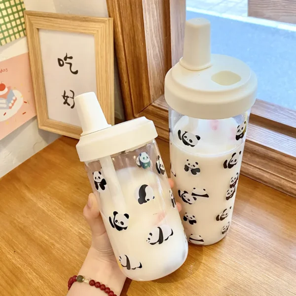WPLSCPPC0059-0060-02 Attractive Cute Panda Pattern Glass Travel Mug with Wide Straw