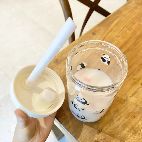 WPLSCPPC0059-0060-03 Attractive Cute Panda Pattern Glass Travel Mug with Wide Straw