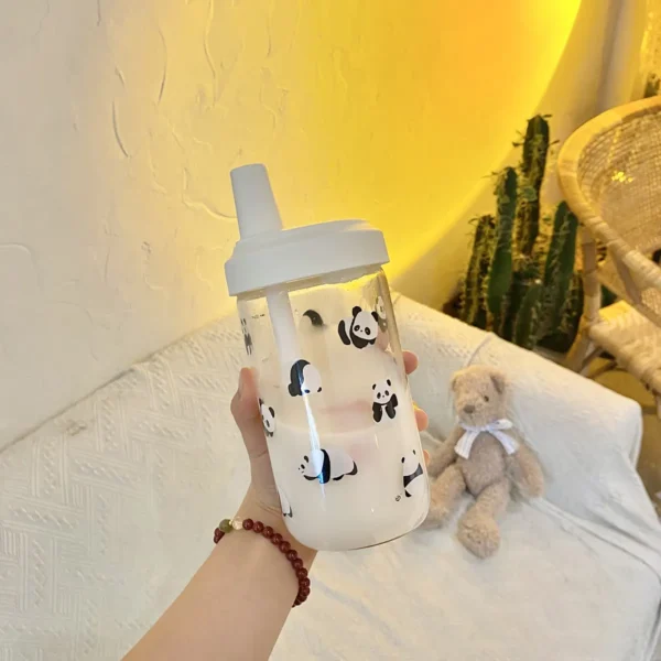 WPLSCPPC0059-0060-04 Attractive Cute Panda Pattern Glass Travel Mug with Wide Straw