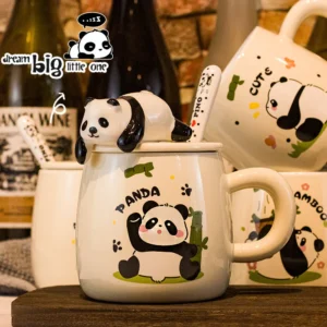 WPLSCPMU0213-216 Cartoon Embossed Panda Mug Ceramic Cup with Lid Coffee Cup