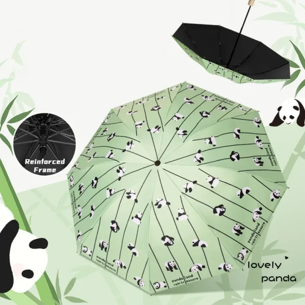 Cartoon Panda and Bamboo Automatic Umbrella Sun and Rain