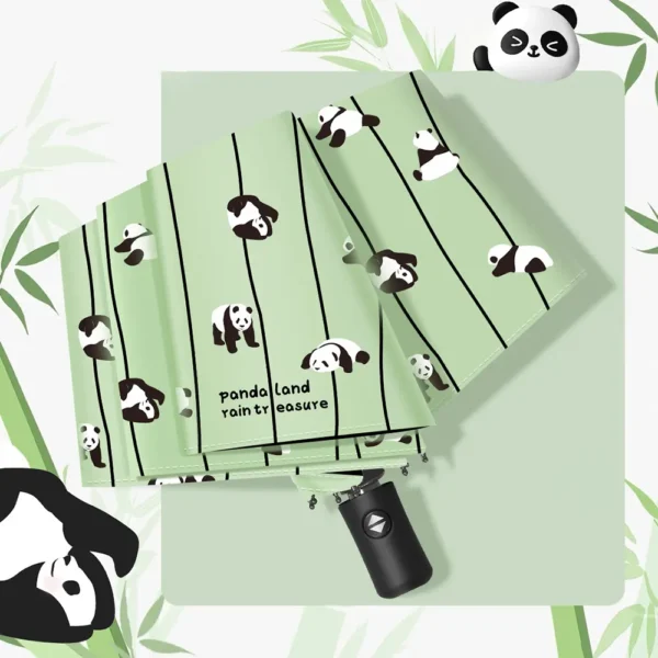 Cartoon Panda and Bamboo Automatic Umbrella Sun and Rain Green