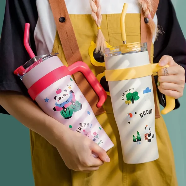 WPLSCPTM0136-0137-01 Cartoon Panda Insulated Cup Thermos with Straw