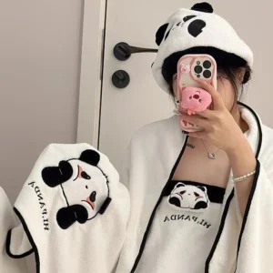 WPCTTW000177-0180-01 Cartoon Panda Towel Bath Towel Quick-Dry Hair Cap Set