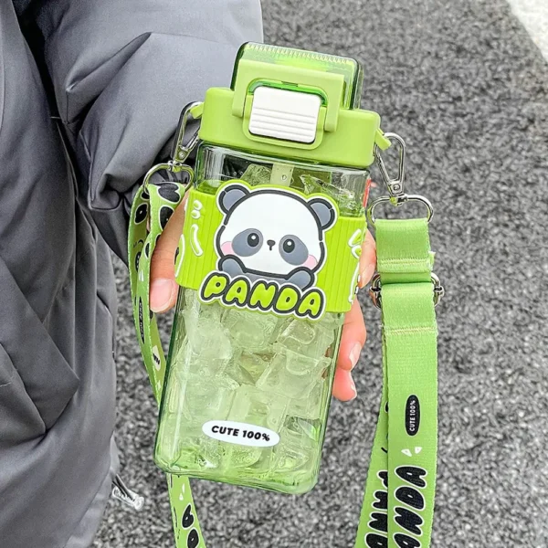 Cartoon Panda Water Bottle with Straw Portable Large Capacity Green