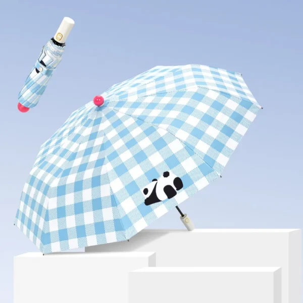 Checkered Panda Automatic Folding Umbrella Blue