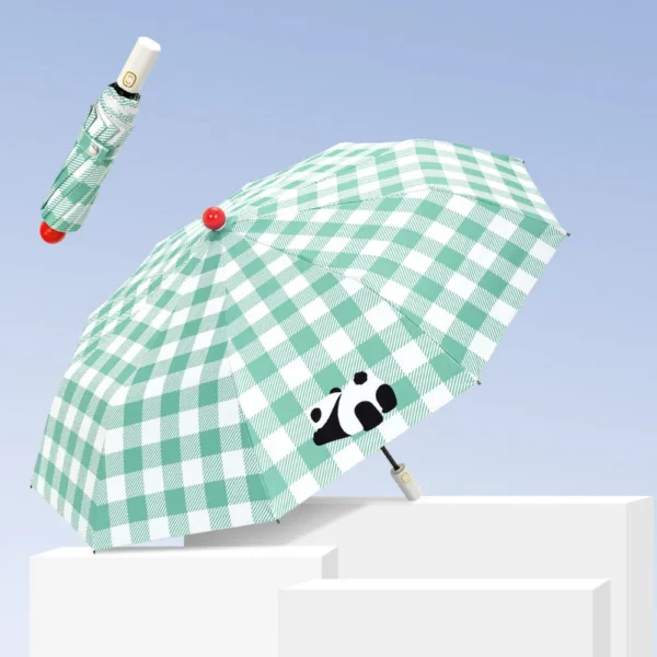 Checkered Panda Automatic Folding Umbrella for Sun and Rain