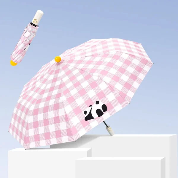 Checkered Panda Automatic Folding Umbrella Pink
