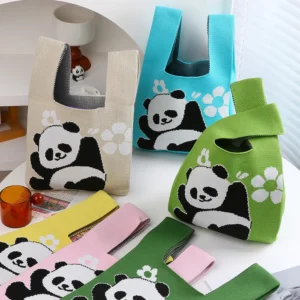 WPBGWB000077-00 Cheering Panda Pattern Small Woven Tote Bag