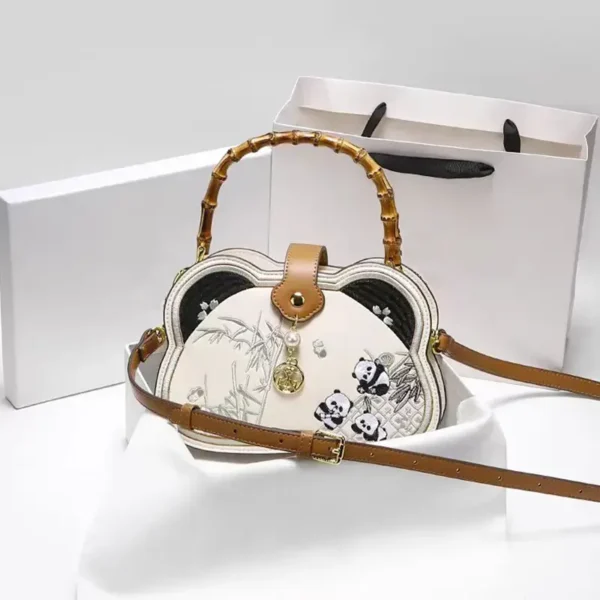 WPBGST000219-01 Chinese Embroidered Panda Bamboo Handle Tote Shoulder Bag