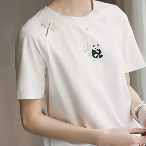 WPCTTS000681-0686-01 Chinese Style Knot Button Panda Print Elegant T-Shirt for Women