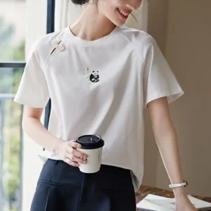 WPCTTS000681-0686-04 Chinese Style Knot Button Panda Print Elegant T-Shirt for Women