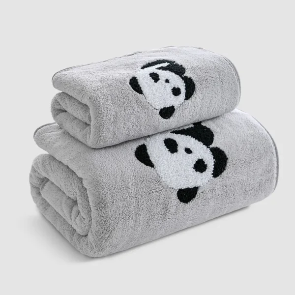 WPCTTW000184 Coral Fleece Panda Embroidered Soft Towel and Bath Towel Set Grey