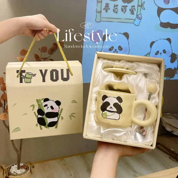 WPLSCPMU0217-0220-03 Cute Cream Color Panda Mug with Lid and Spoon Gift Box Set
