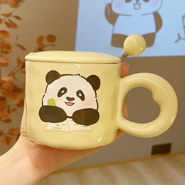 WPLSCPMU0219 Cute Cream Color Panda Mug with Lid and Spoon Gift Box Set