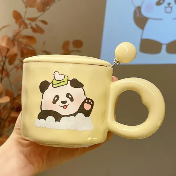 WPLSCPMU0220 Cute Cream Color Panda Mug with Lid and Spoon Gift Box Set