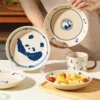 WPHHTW000194-0197-02 Cute Hand-Painted Panda Pattern Ceramic Dinner Plate Home Use