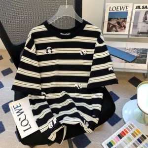 WPCTTS000691-0694-01 Cute Little Panda Embroidery Striped Short Sleeve T-Shirt