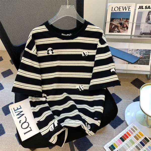 WPCTTS000691-0694-01 Cute Little Panda Embroidery Striped Short Sleeve T-Shirt