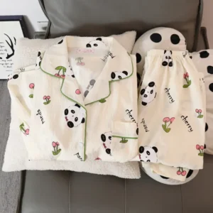 WPCTPM000257-0260-01 Cute Panda and Floral Pajamas Long Sleeve Loungewear Set