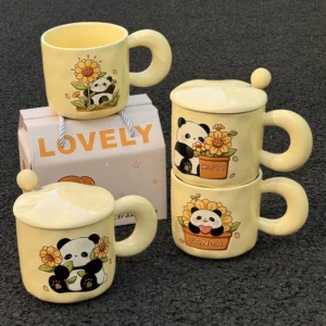 Cute Panda and Sunflower Cream Yellow Ceramic Mug with Lid