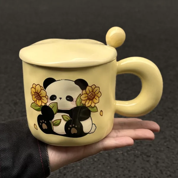 WPLSCPMU0194 Cute Panda and Sunflower Cream Yellow Ceramic Mug with Lid