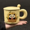 WPLSCPMU0195 Cute Panda and Sunflower Cream Yellow Ceramic Mug with Lid