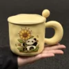 WPLSCPMU0196 Cute Panda and Sunflower Cream Yellow Ceramic Mug with Lid