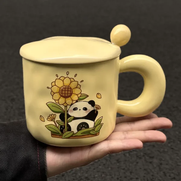 WPLSCPMU0196 Cute Panda and Sunflower Cream Yellow Ceramic Mug with Lid