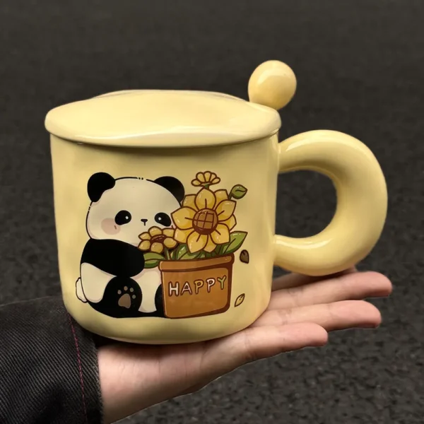 WPLSCPMU0197 Cute Panda and Sunflower Cream Yellow Ceramic Mug with Lid
