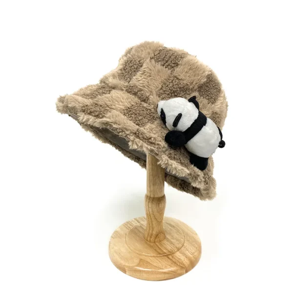 WPCTHABH0087 Cute Panda Doll Thickened Plush Bucket Hat Khaki