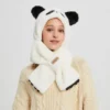 WPCTHAHW0140 Cute Panda Plush Hat with Scarf Thickened Warm Winter Hat White