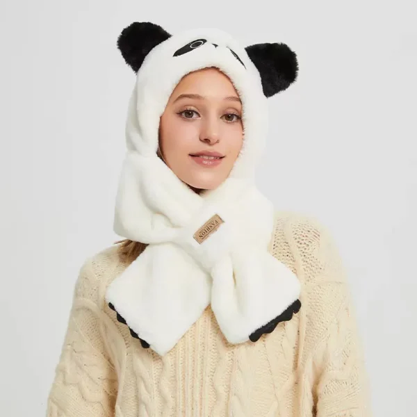 WPCTHAHW0140 Cute Panda Plush Hat with Scarf Thickened Warm Winter Hat White