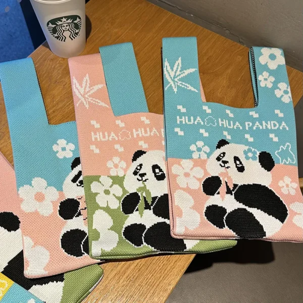 WPBGWB000114-0120-01 Cute Panda with Flower Color-Blocked Woven Mini Tote Bag