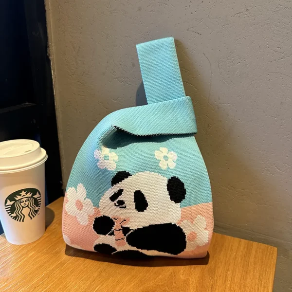 WPBGWB000115 Cute Panda with Flower Color-Blocked Woven Mini Tote Bag