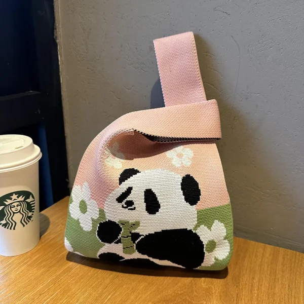 WPBGWB000114 Cute Panda with Flower Color-Blocked Woven Mini Tote Bag
