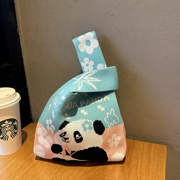 WPBGWB000118 Cute Panda with Flower Color-Blocked Woven Mini Tote Bag