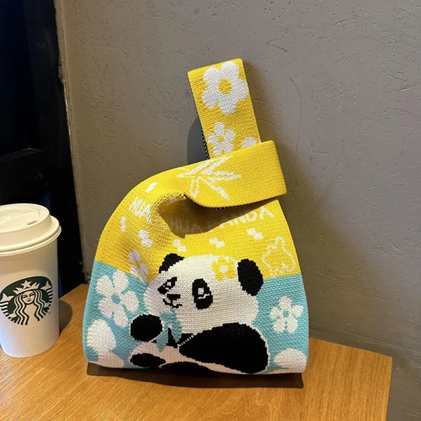 WPBGWB000117 Cute Panda with Flower Color-Blocked Woven Mini Tote Bag